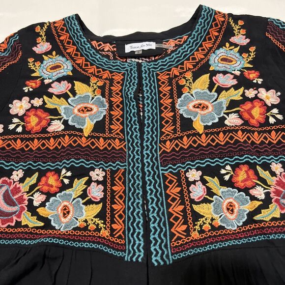 Time For Me Blazer Black Floral Embroidered Open Front Boho S Whinsigoth Aztec - Picture 11 of 11